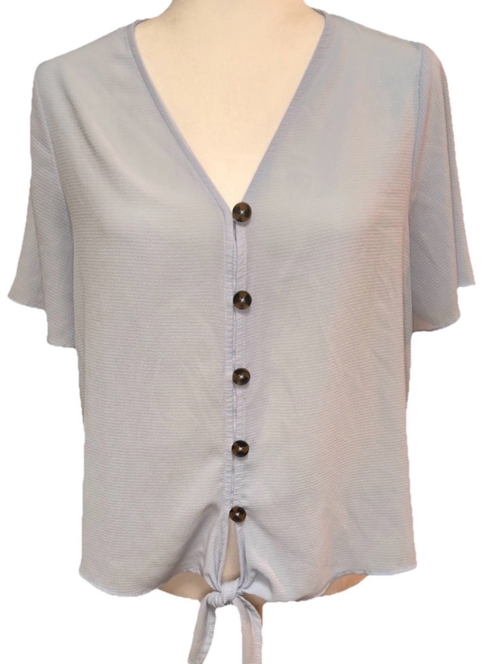 Pink Rose Light Blue Button up short sleeve blouse with tie front size Large